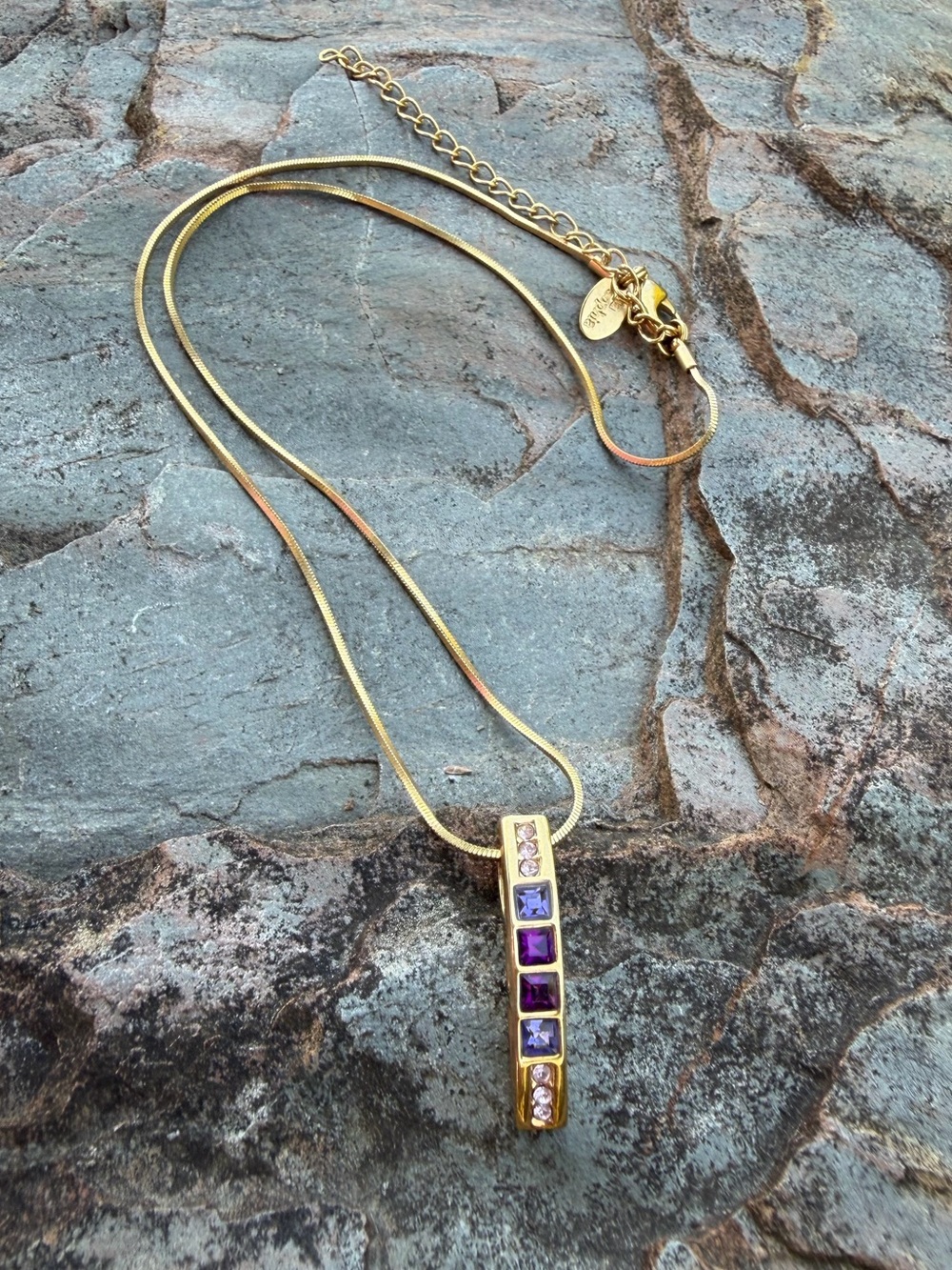 Lia Sophia Purple Crystal Bar Gold Pendant Box Chain Necklace y2k